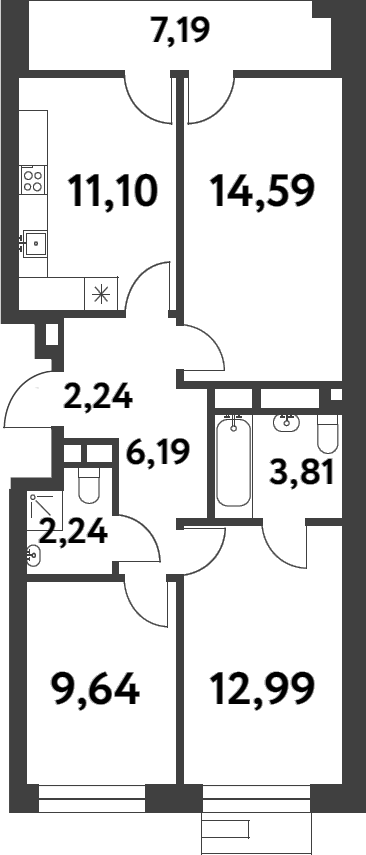 3-комн., 62.8 м², 4/8 этаж, ЖК «Смарт Гарден»