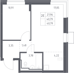 2-комн., 40.79 м², 9/12 этаж, ЖК «Богдановский лес»
