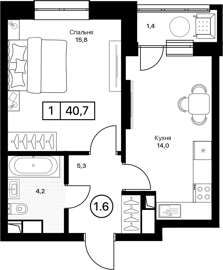 1-комн., 39.3 м², 4/13 этаж, ЖК «Пушкино Град»