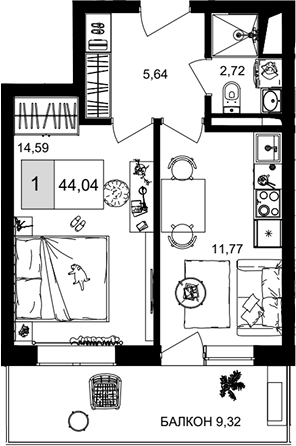 1-комн. квартира, 34.72 м² в ЖК IT гостиничный комплекс Корсаков — фото 2
