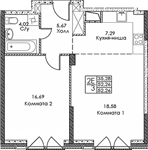 2-комн., 52.26 м², 9/20 этаж, ЖК «ЭВОПАРК Сокольники»