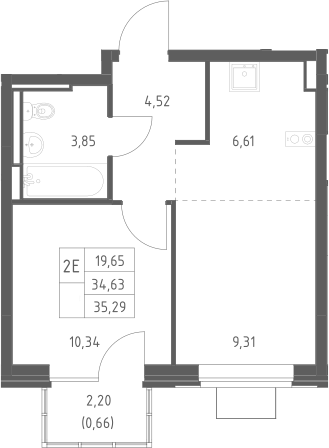2-комн., 34.63 м², 12/12 этаж, ЖК «Богдановский лес»