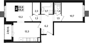 2-комн., 53.6 м², 2/21 этаж, ЖК «Южная Битца»