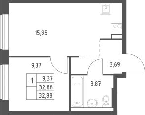 2-комн., 32.88 м², 2/9 этаж, ЖК «Большое Юрлово»