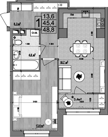 2-комн., 45.4 м², 15/18 этаж, ЖК «Гранд Комфорт»