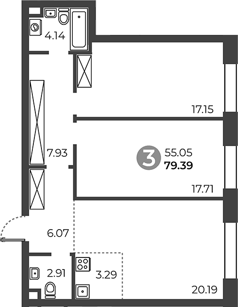 2-комн., 79.39 м², 26/28 этаж, ЖК «Павелецкая от Гранель»