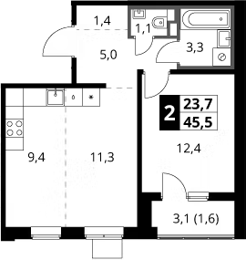2-комн., 43.9 м², 3/14 этаж, ЖК «1-й Химкинский»