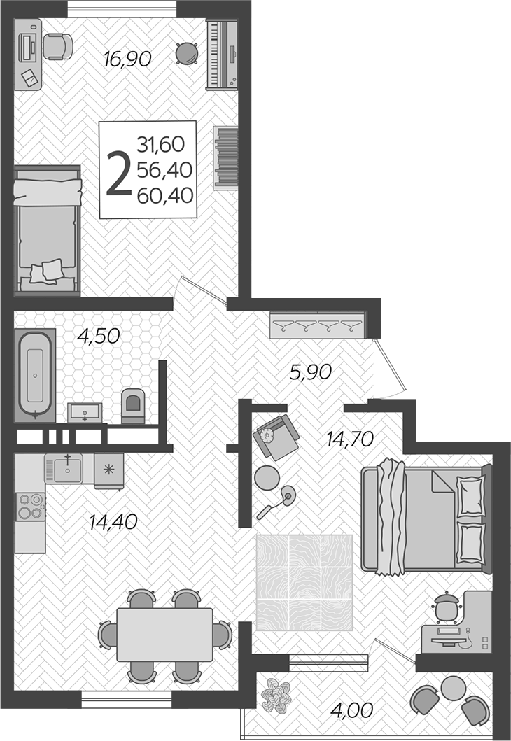 2-комн. квартира, 56.4 м² в ЖК Горный квартал — фото 2