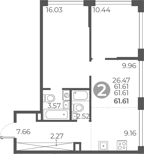 2-комн., 61.61 м², 22/27 этаж, ЖК «Мневники от Гранель»