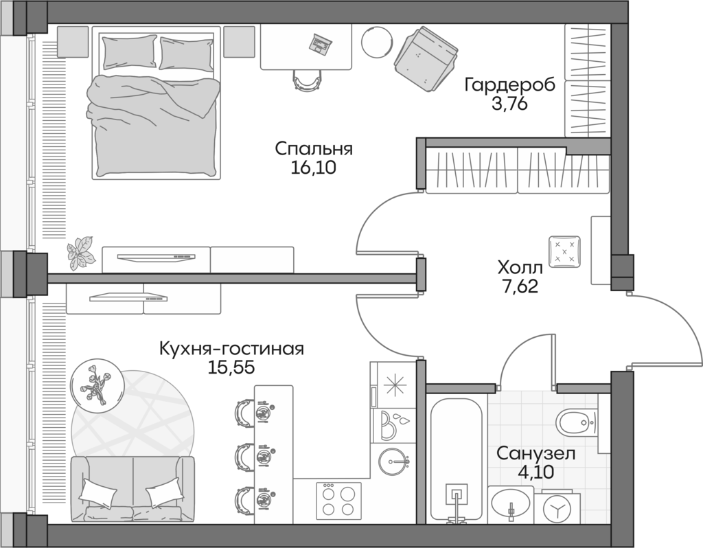 2-комн., 46.1 м², 9/16 этаж, ЖК «Инсайдер»