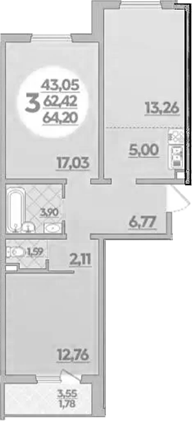 2-комн. квартира, 62.42 м² в ЖК Молодежный 2 — фото 2