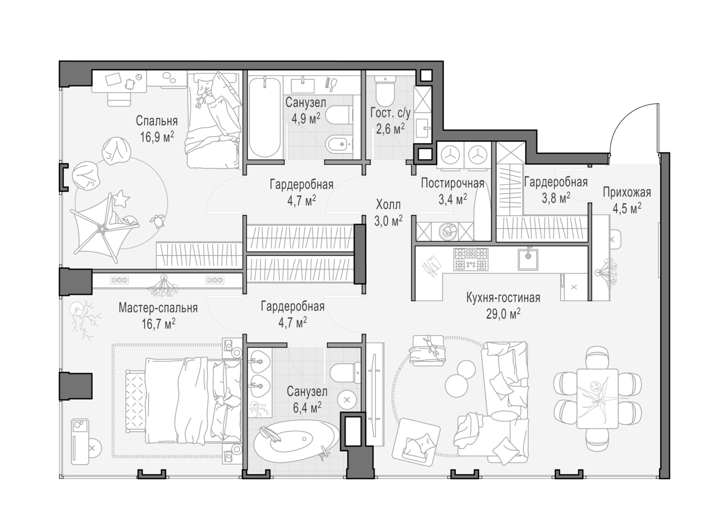 3-комн., 101.4 м², 2/23 этаж, ЖК «Квартал Life Time»