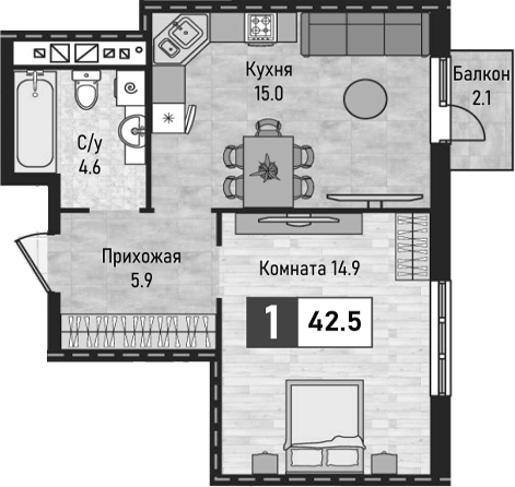 1-комн., 40.4 м², 5/10 этаж, ЖК «Живописный»