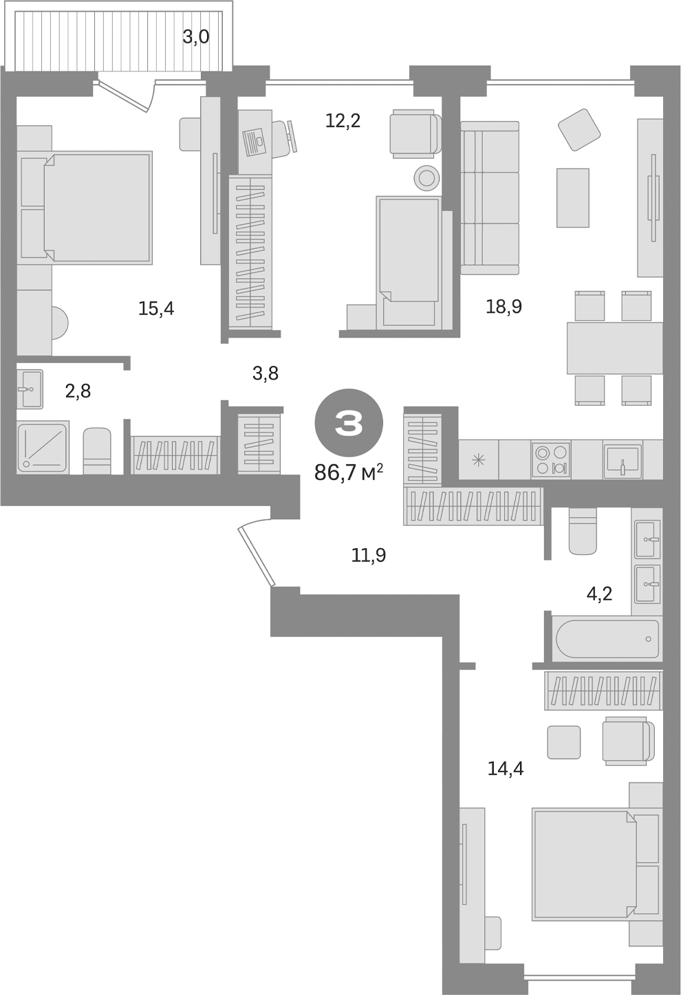 3-комн., 83.7 м², 7/9 этаж, ЖК «Первый квартал. Вторая очередь»