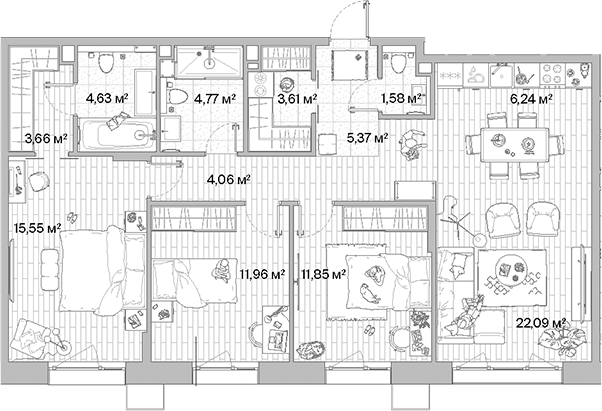 4+ комнаты, 95.37 м², 3/10 этаж, ЖК «МЫС»