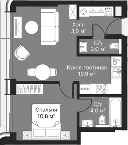 2-комн., 38.7 м², 39/53 этаж, ЖК «Сити Бэй»