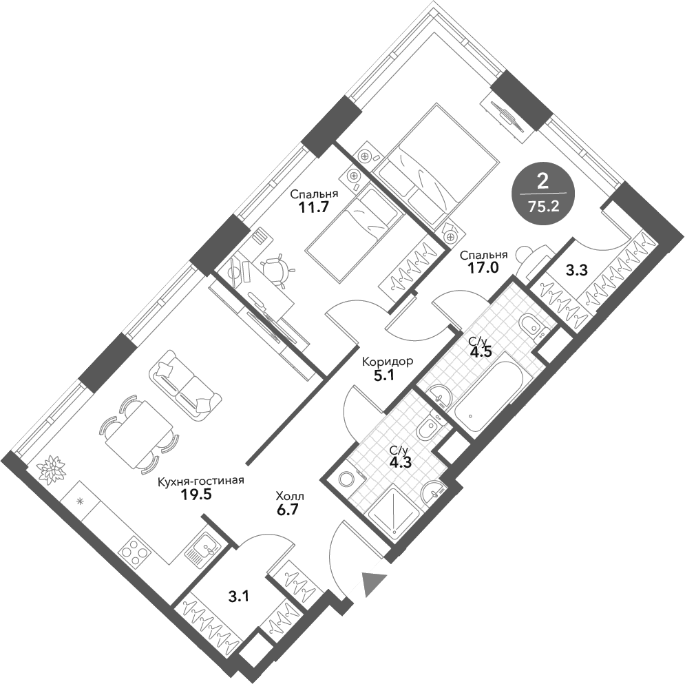 3-комн., 75.2 м², 4/20 этаж, ЖК «Воксхолл»