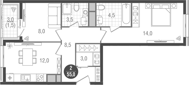 2-комн., 53.5 м², 14/17 этаж, ЖК «Кантемировский»