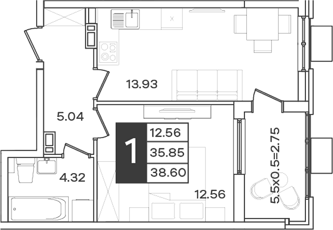 1-комн., 35.85 м², 5/18 этаж, ЖК «Сюжеты»