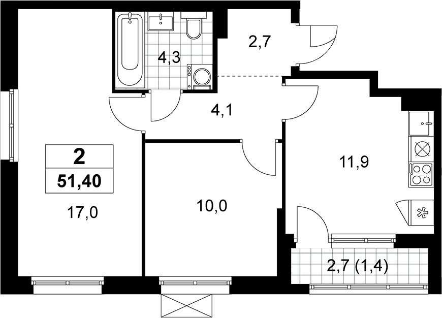 2-комн., 50 м², 5/16 этаж, ЖК «Прокшино»