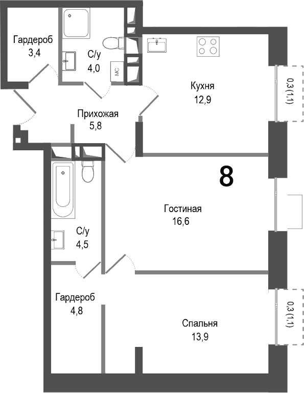2-комн., 65.9 м², 3/8 этаж, ЖК «Киноквартал»
