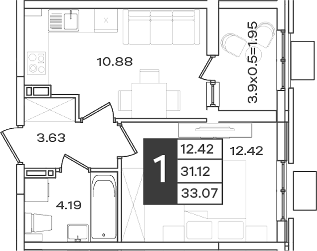 1-комн., 31.12 м², 3/18 этаж, ЖК «Сюжеты»