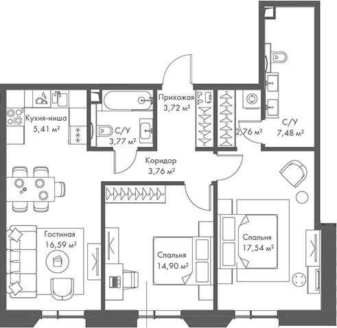 3-комн., 75.93 м², 11/22 этаж, ЖК «МИРА»