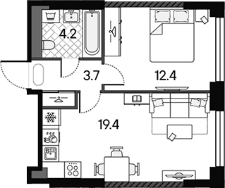 2-комн., 39.7 м², 19/43 этаж, ЖК «МАРК»
