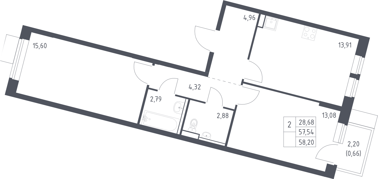 2-комн., 57.54 м², 3/13 этаж, ЖК «Молжаниново»