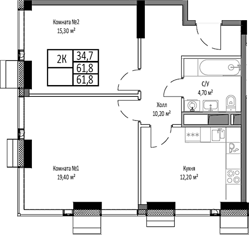 2-комн., 61.8 м², 21/35 этаж, ЖК «Мираполис»