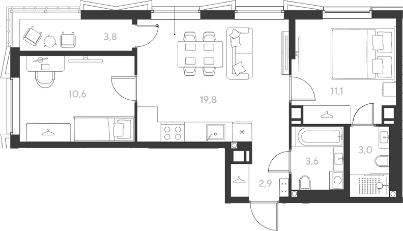2-комн., 51 м², 5/9 этаж, ЖК «Ридз»