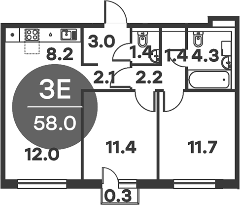 3-комн., 57.7 м², 3/6 этаж, ЖК «Равновесие»