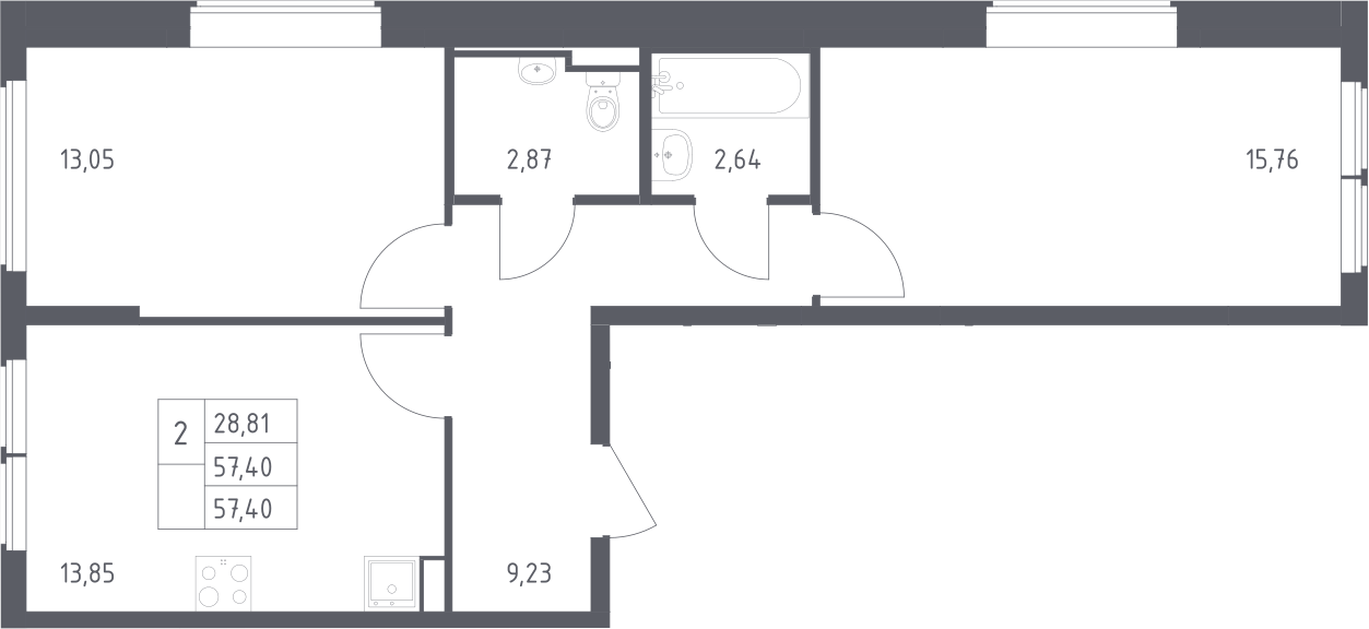 2-комн., 57.4 м², 11/14 этаж, ЖК «Остафьево»