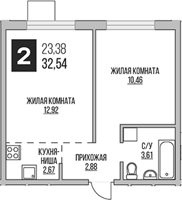 2-комн., 32.54 м², 14/14 этаж, ЖК «Гранель Аникеевский»