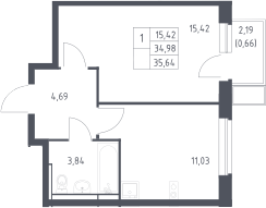 1-комн., 34.98 м², 17/17 этаж, ЖК «Новое Видное»