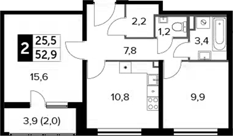 2-комн., 50.9 м², 19/24 этаж, ЖК «Южная Битца»