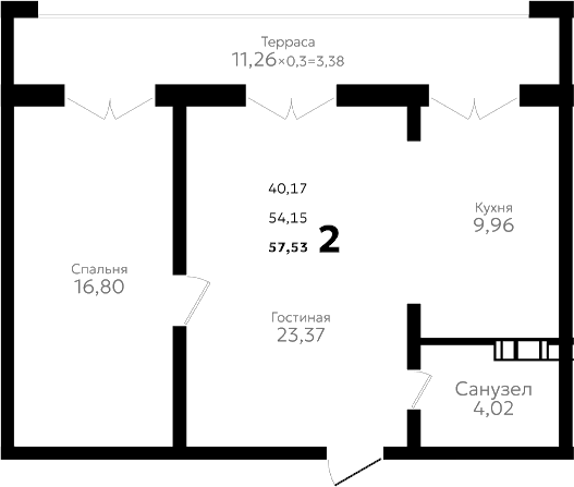 2-комн., 54.15 м², 2/16 этаж, ЖК «Твин парк»