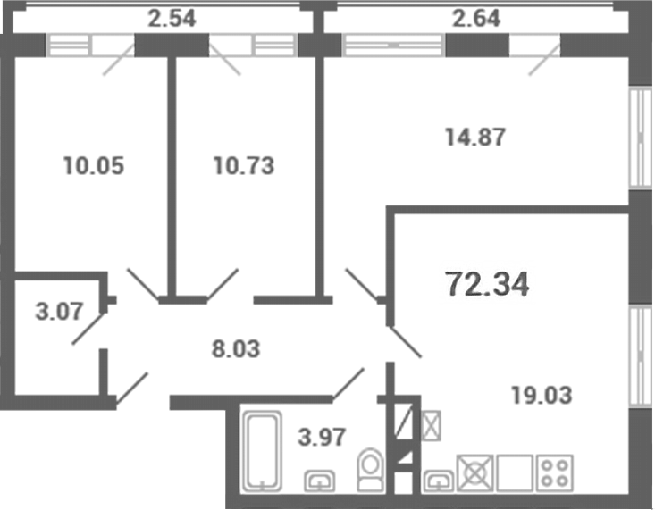 3-комн., 69.75 м², 4/4 этаж, ЖК «Южная Долина»