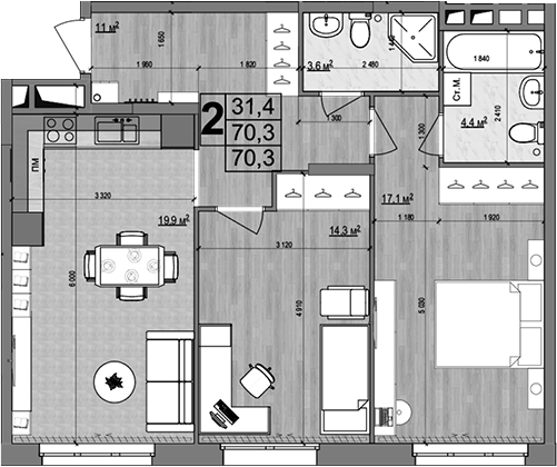 3-комн., 70.3 м², 5/18 этаж, ЖК «Гранд Комфорт»