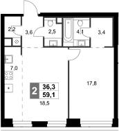 2-комн., 59.1 м², 17/47 этаж, ЖК «Амбер Сити»