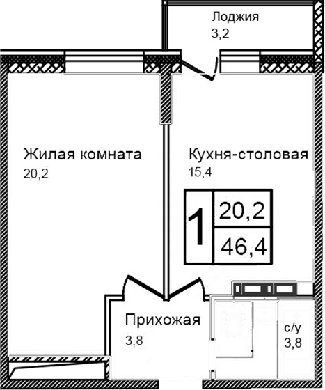 2-комн., 43.2 м², 2/12 этаж, ЖК «Троицкий»