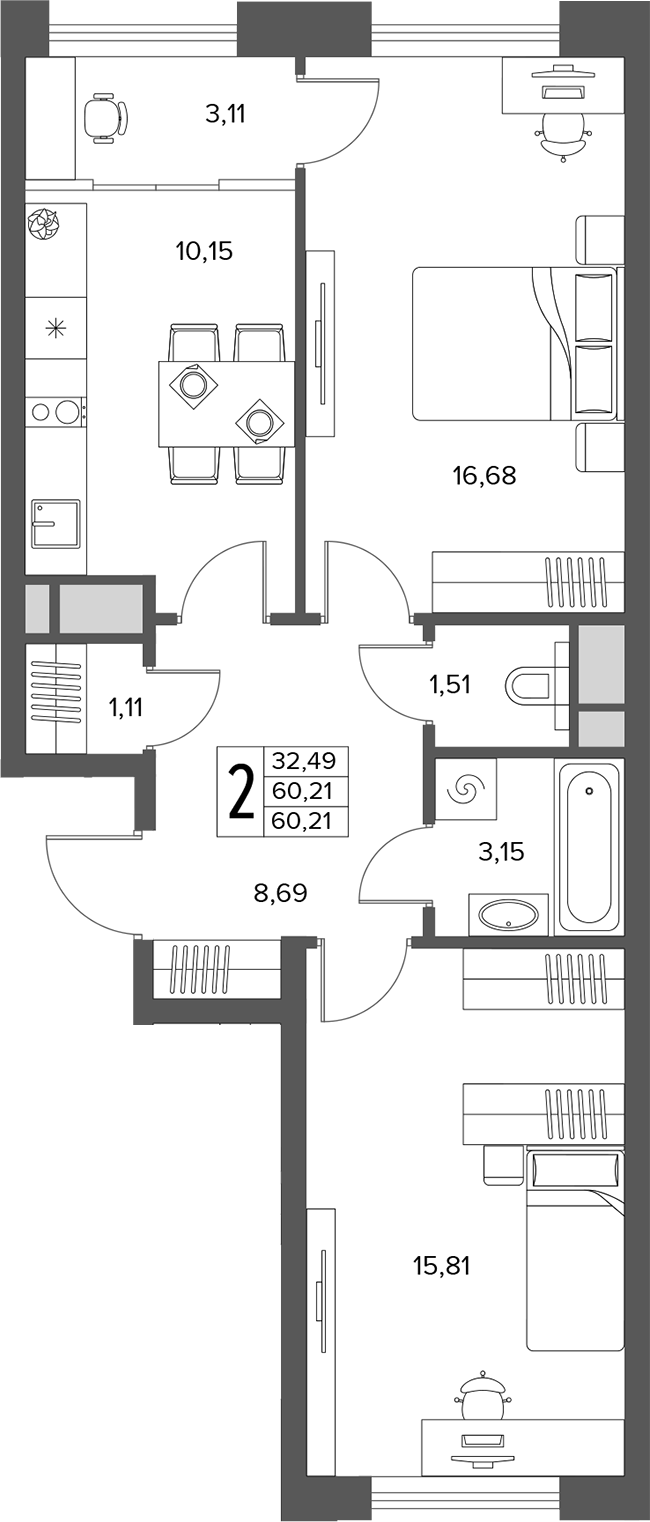 2-комн., 60.21 м², 5/14 этаж, ЖК «Городской бор»