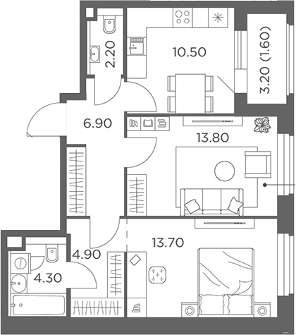 2-комн., 56.3 м², 17/17 этаж, ЖК «Белый Град»