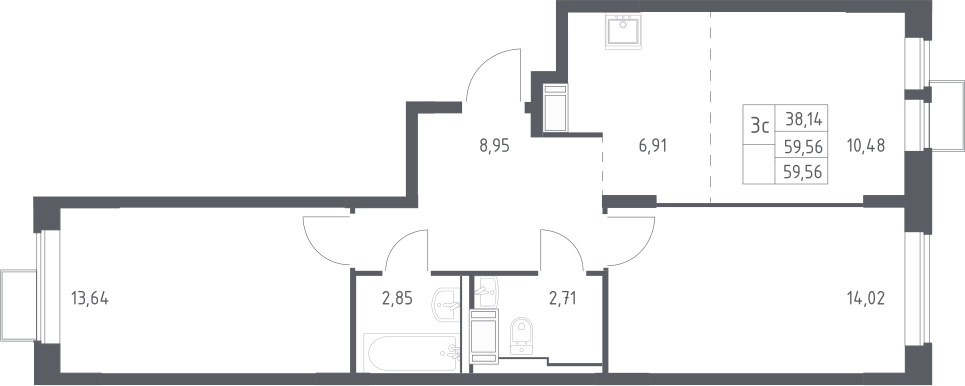 3-комн., 59.56 м², 20/25 этаж, ЖК «Большое Путилково»
