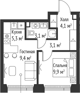 2-комн., 34.9 м², 28/59 этаж, ЖК «СЕТ»