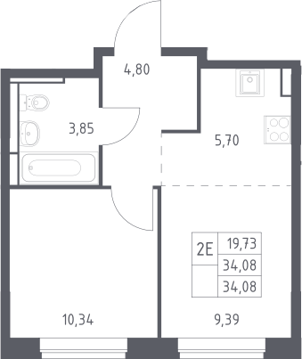2-комн., 34.08 м², 7/12 этаж, ЖК «Богдановский лес»