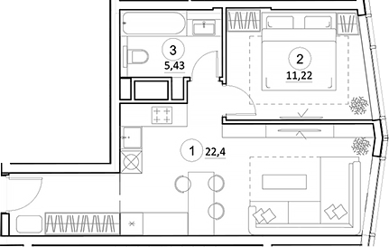 2-комн., 44.15 м², 26/35 этаж, ЖК «УНО.Горбунова»