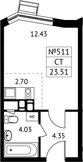 Студия, 23.51 м², 7/13 этаж, ЖК «Новотомилино»