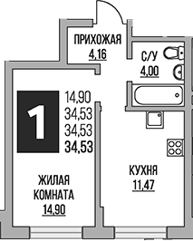 1-комн., 34.53 м², 1/8 этаж, ЖК «Гранель Живописный»