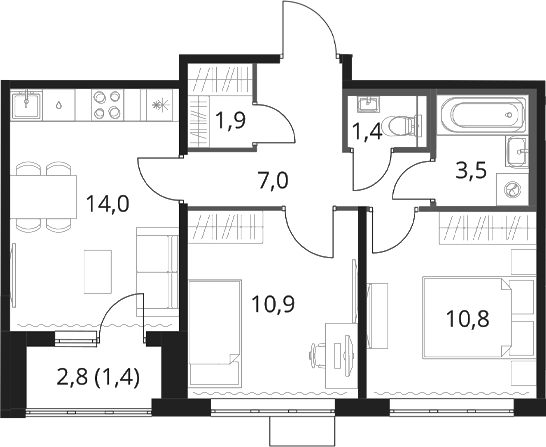 2-комн., 49.5 м², 15/16 этаж, ЖК «1-й Шереметьевский»